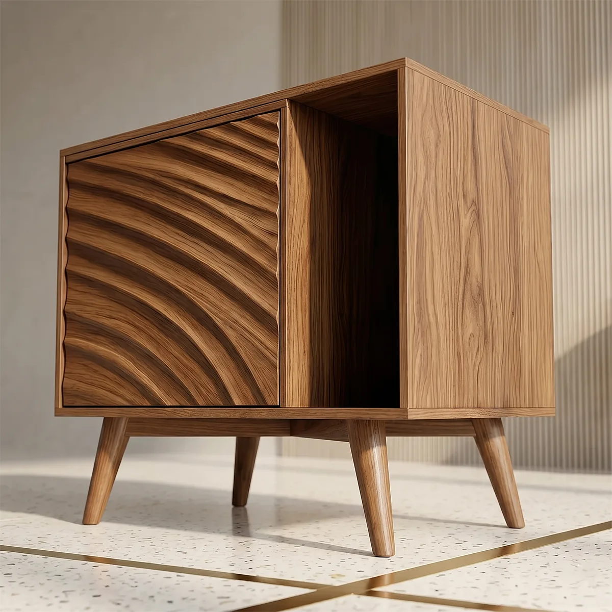 Modern Solid Wood End Table with Sliding Door | Mid Century Storage Side Table for Living Room TH003-6094