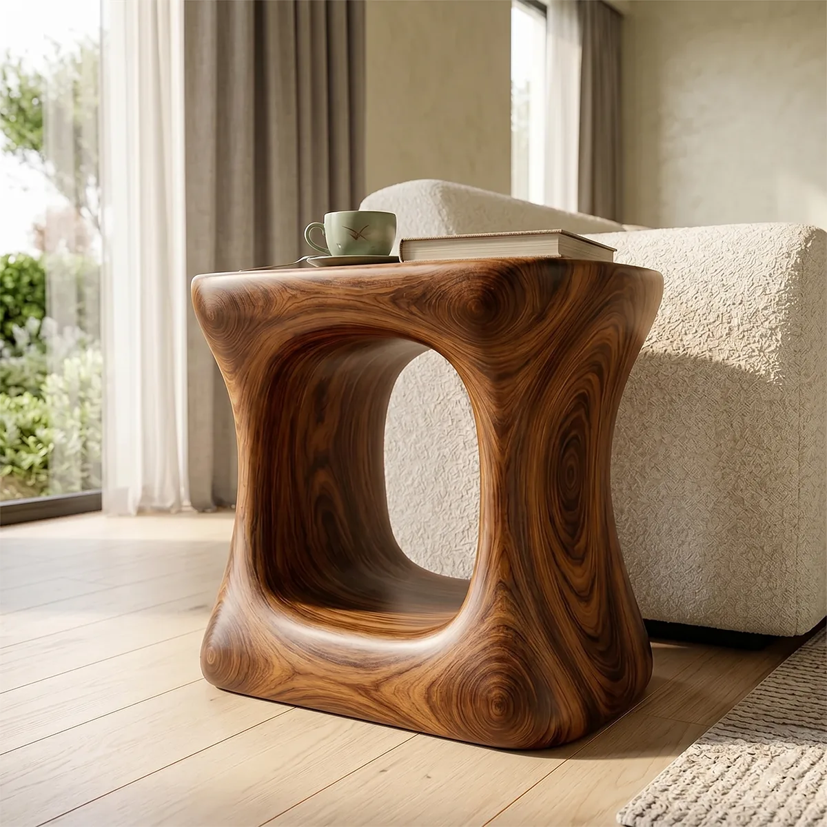 Modern Solid Wood End Table | Sculptural Hollow Accent Side Table for Living Room TH003-4147