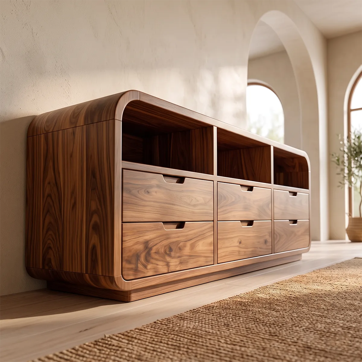 Modern Sideboard Cabinet | 6 Drawer Storage Cabinet with Open Shelves & Rounded Waterfall Design TH003-3023