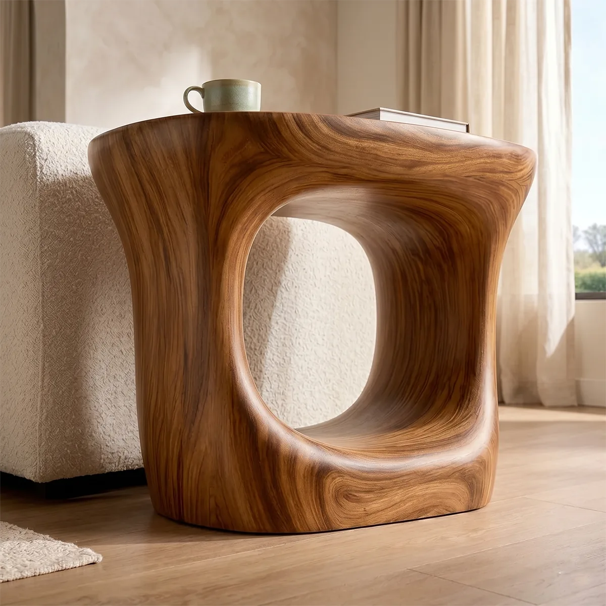 Organic Solid Wood End Table | Sculptural Hollow Accent Side Table for Modern Living Room TH003-8055