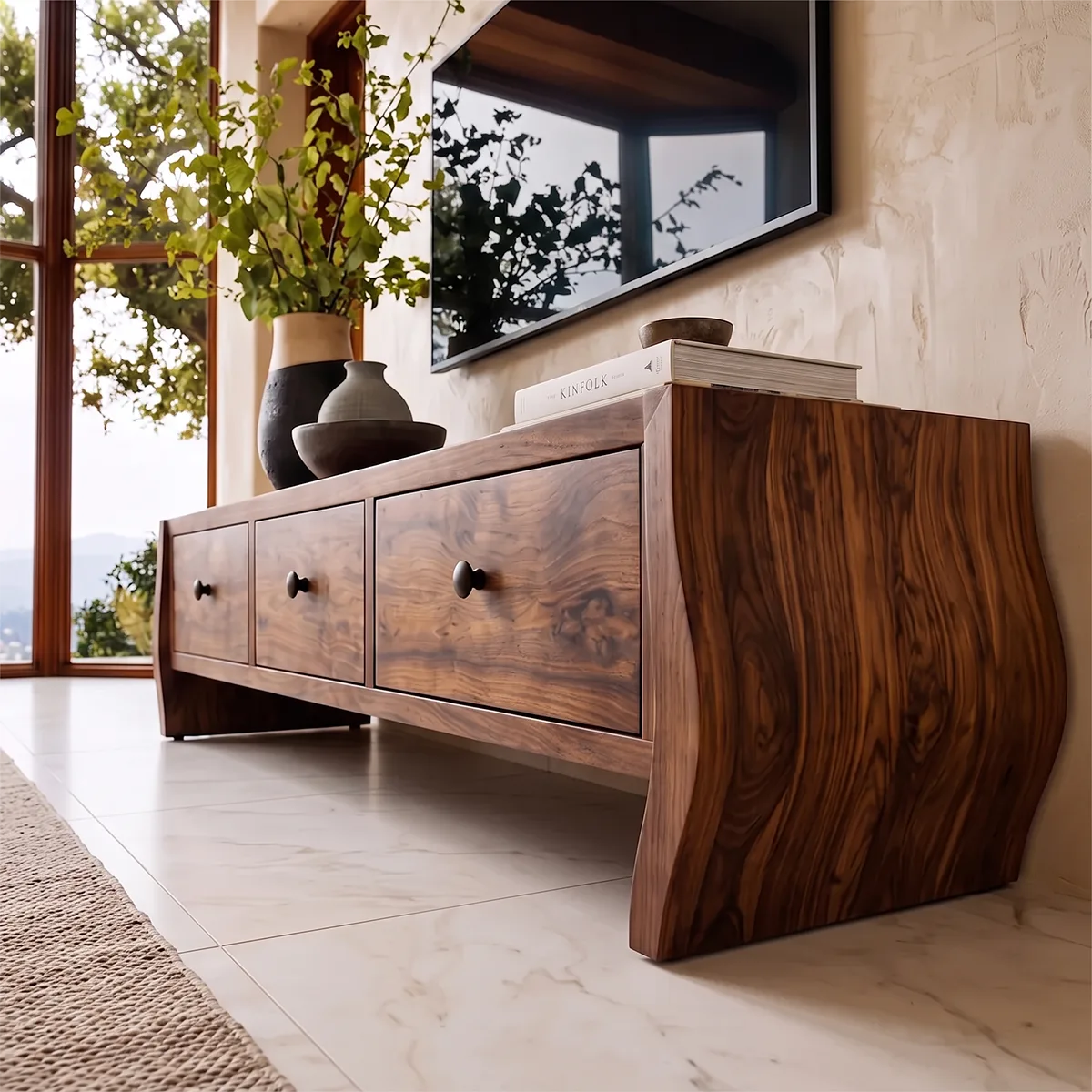 Modern TV Stand with 3 Drawers & Sculptural Curved Legs | Minimalist Media Console TH003-2IWI9LN