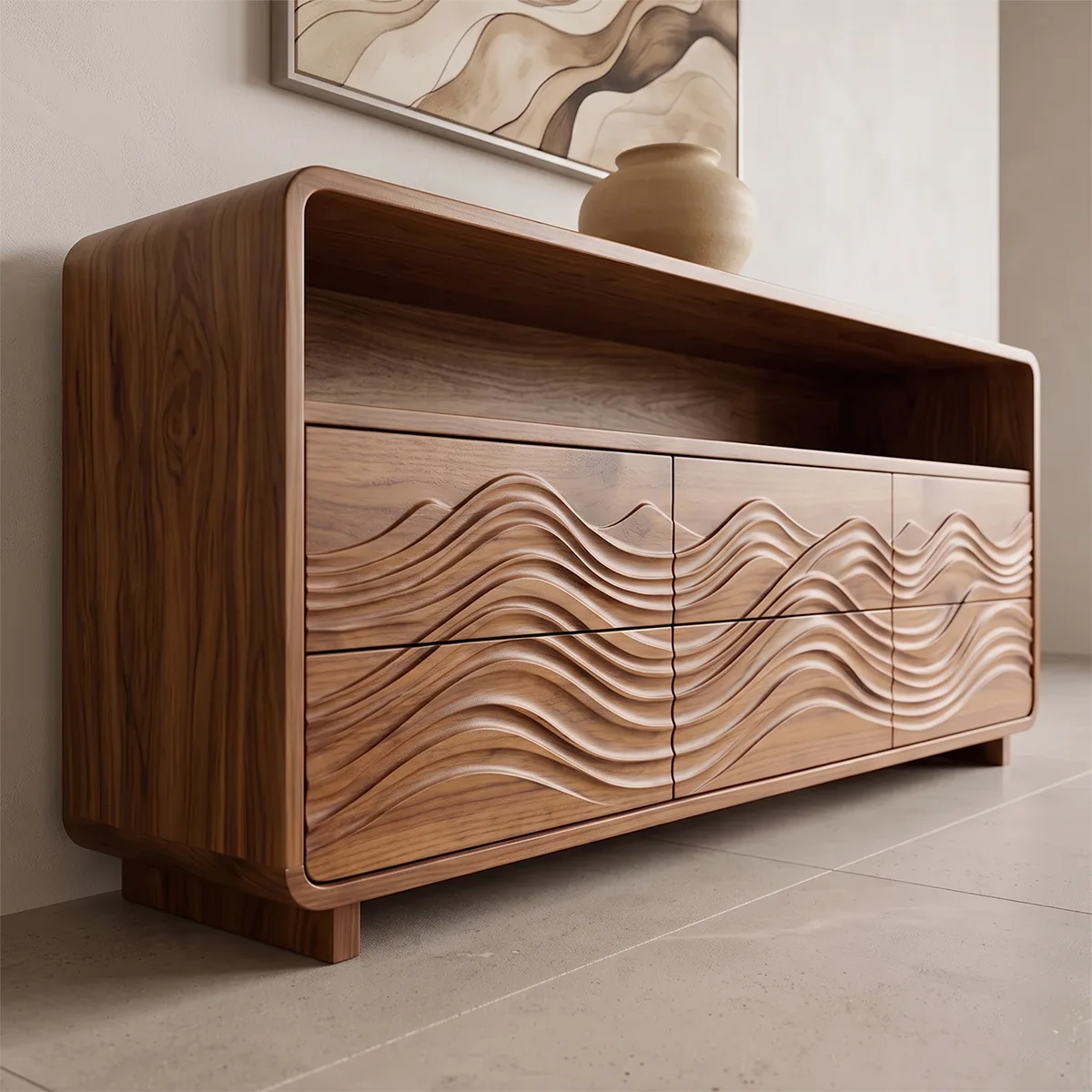 Modern Sideboard Cabinet | Wave Carved Storage Cabinet with Open Shelf & 6 Drawers TH003-7310
