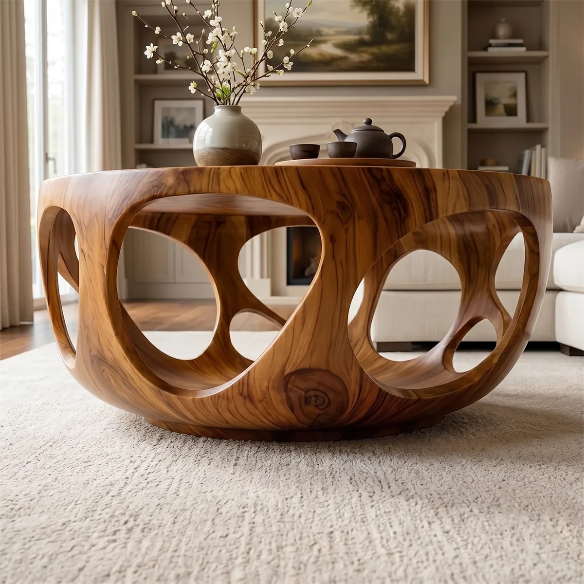 Round Solid Wood Coffee Table – Artistic Openwork Design TH003-2510