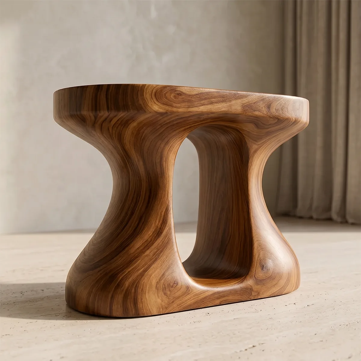 Organic Solid Wood Round End Table | Sculptural Accent Side Table for Modern Living Room TH003-8373