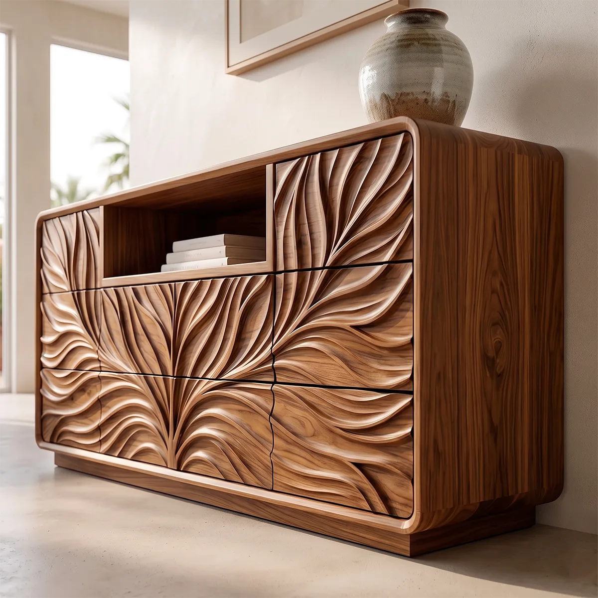 Modern Sideboard Cabinet | Leaf Carved Storage Cabinet with Open Shelf & 8 Drawers TH003-9785
