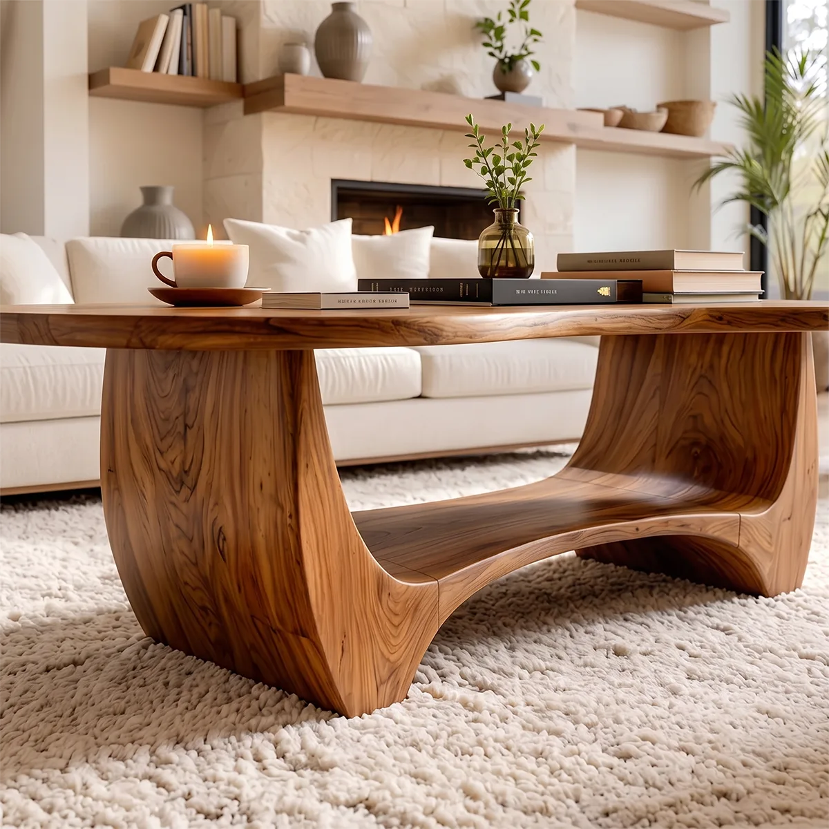 Sculptural Rounded Coffee Table with Open Shelf | Organic Modern Center Table TH003-1FNF7SN