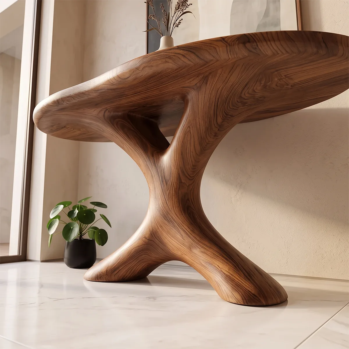 Modern Sculptural Console Table | Organic Entryway Accent Table with Architectural Pedestal TH003-1525