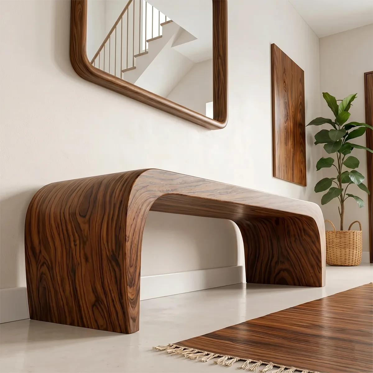 Minimalist Curved Solid Wood Console Bench for Entryway and Living Room