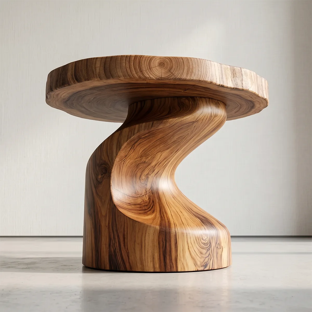 Sculptural Solid Wood Side Table, Live Edge Round End Table, Twisted Pedestal Accent Table TH003-9052
