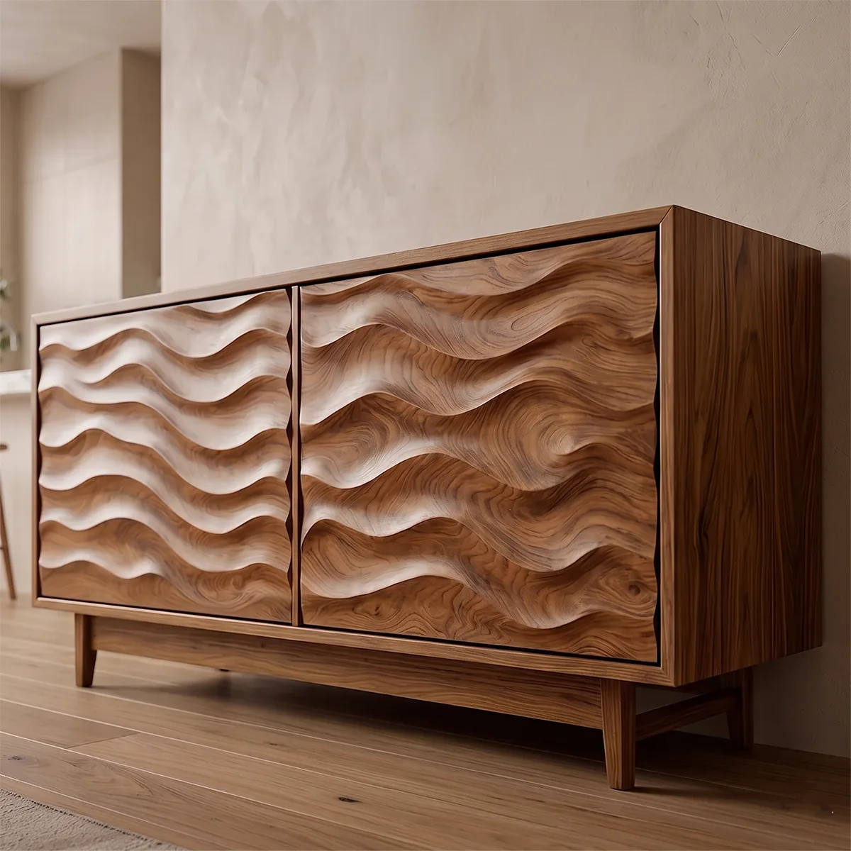 Wave Carved Solid Wood Sideboard | Modern Hardwood Storage Cabinet for Dining & Living Room TH003-6599