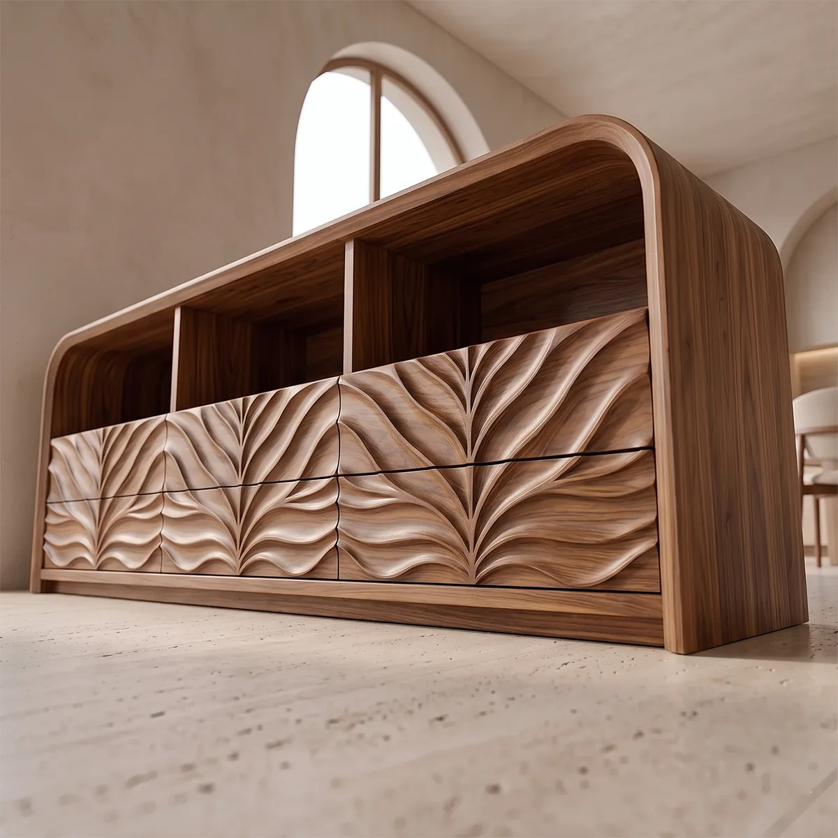 Modern Sideboard Cabinet | Leaf Carved Storage Cabinet with Open Shelves & 8 Drawers TH003-9304
