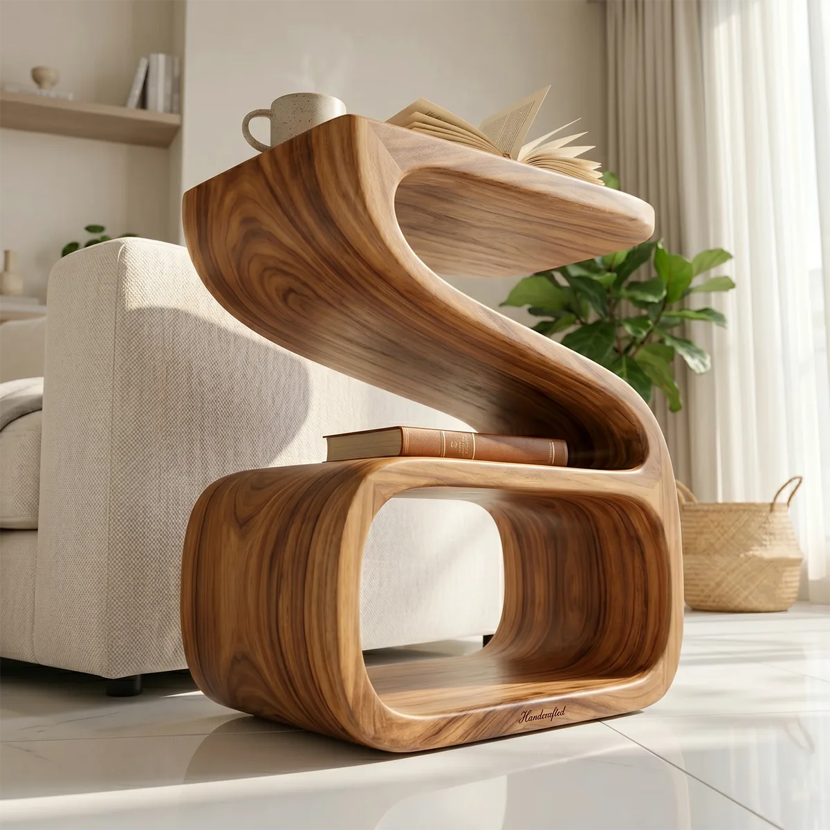 Solid Wood Side Table with Double Shelf | Sculptural Design TH003-3969
