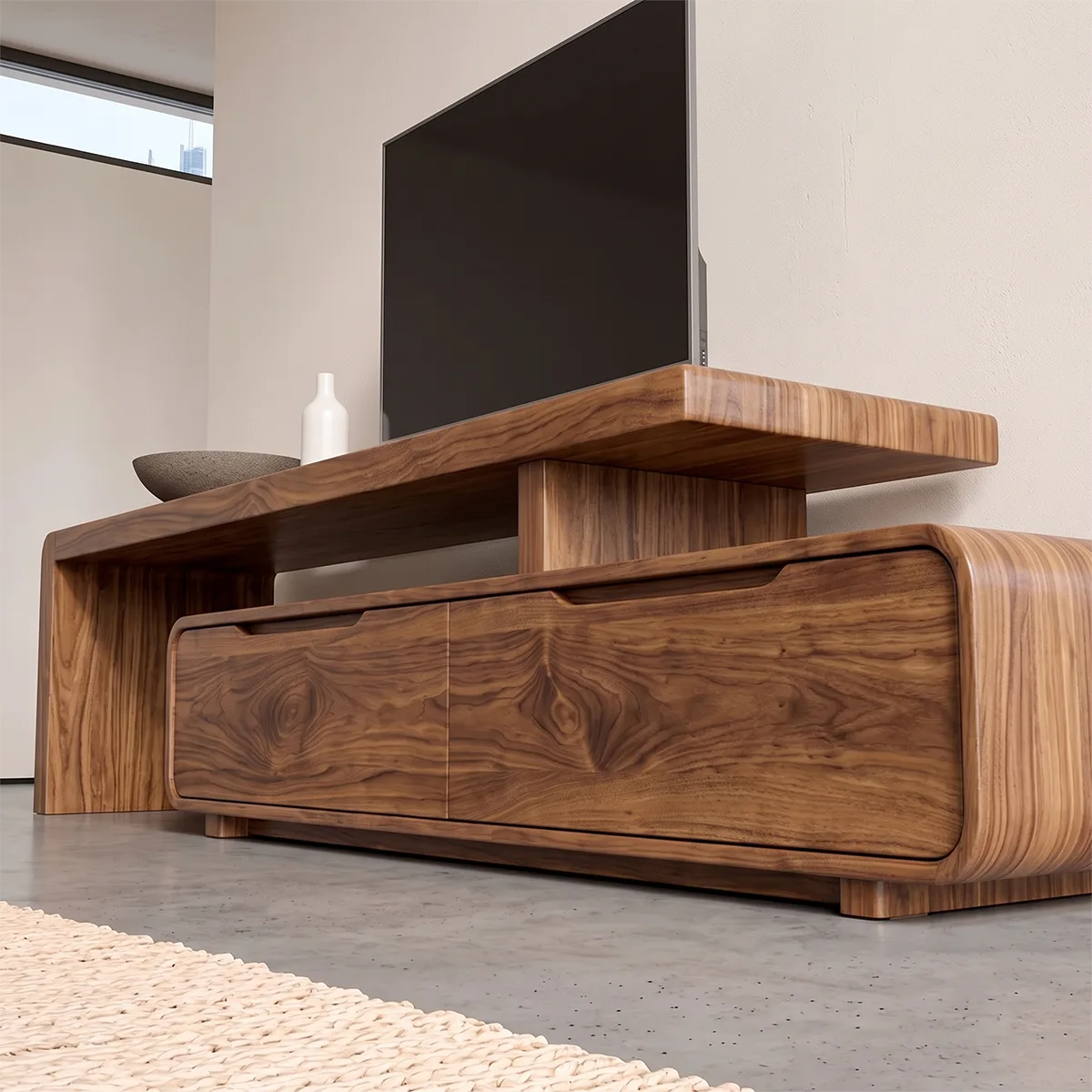 Modern Asymmetrical TV Stand with 2 Drawers | Low Profile Media Console TH003-9QJE5UT