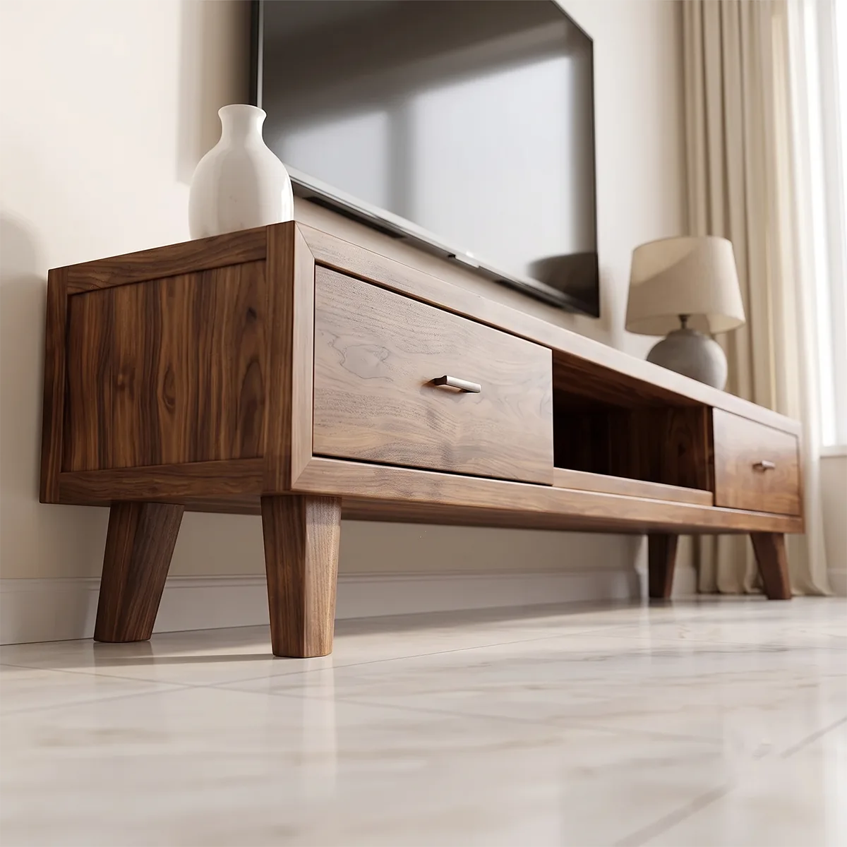 Modern TV Stand with 2 Drawers & Open Shelf | Low Profile Media Console TH003-6TLG4RN