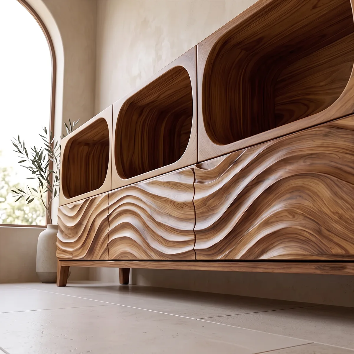 Modern Sideboard Cabinet | Wave Front Storage Cabinet with Open Shelves & Drawers TH003-8331