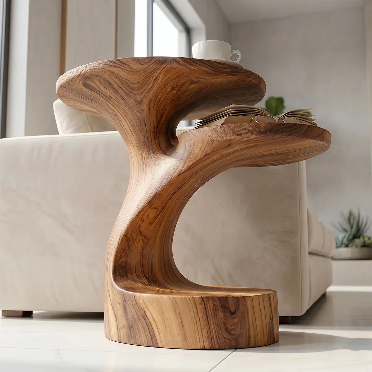 Handcrafted Solid Wood End Table with Open Shelves – Sculptural Organic Side Table TH003-1037