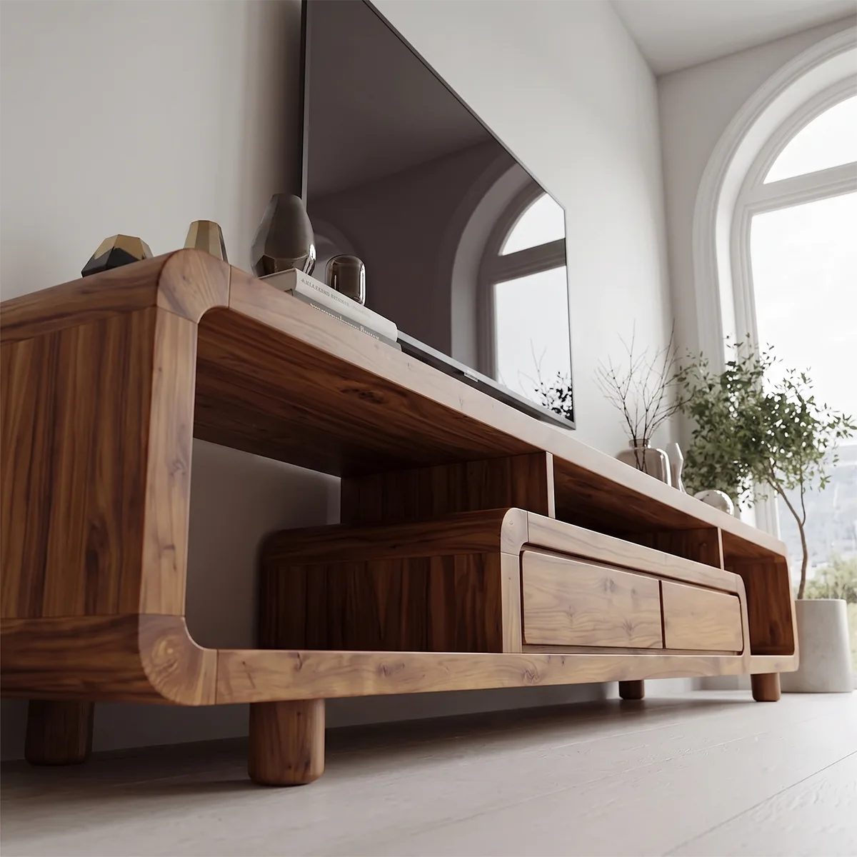 Modern Curved TV Stand with Open Shelves & 2 Drawers | Low Profile Entertainment Console TH003-5MRZ4FZ