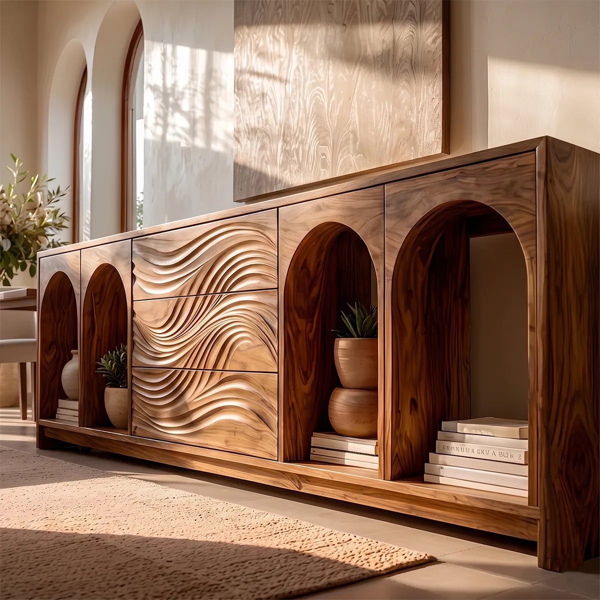 Modern Sideboard Cabinet | Wave Front Buffet Cabinet with Arched Open Shelves & Drawers TH003-8213