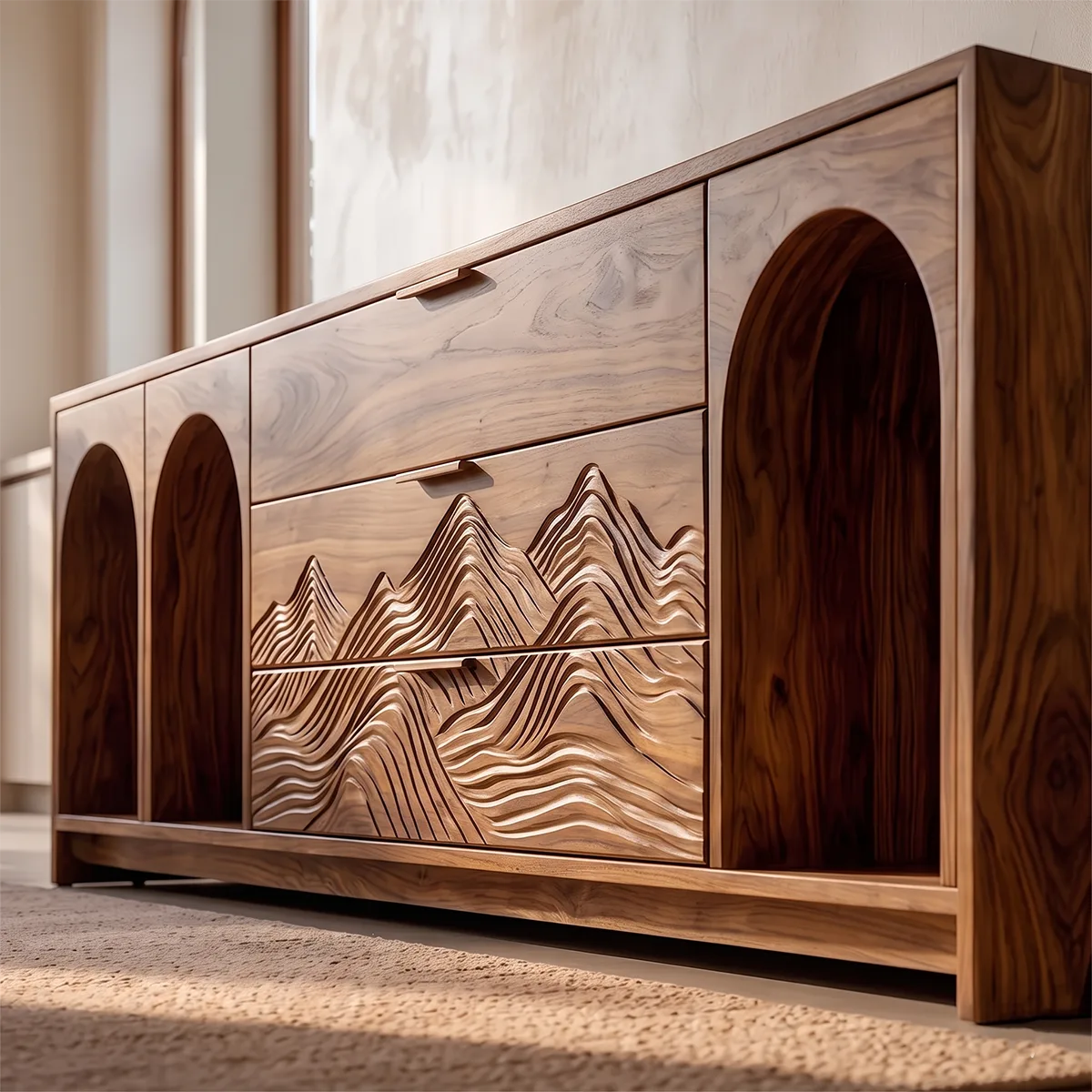 Modern Sideboard Cabinet | Mountain Carved Storage Cabinet with Arched Open Shelves TH003-1857