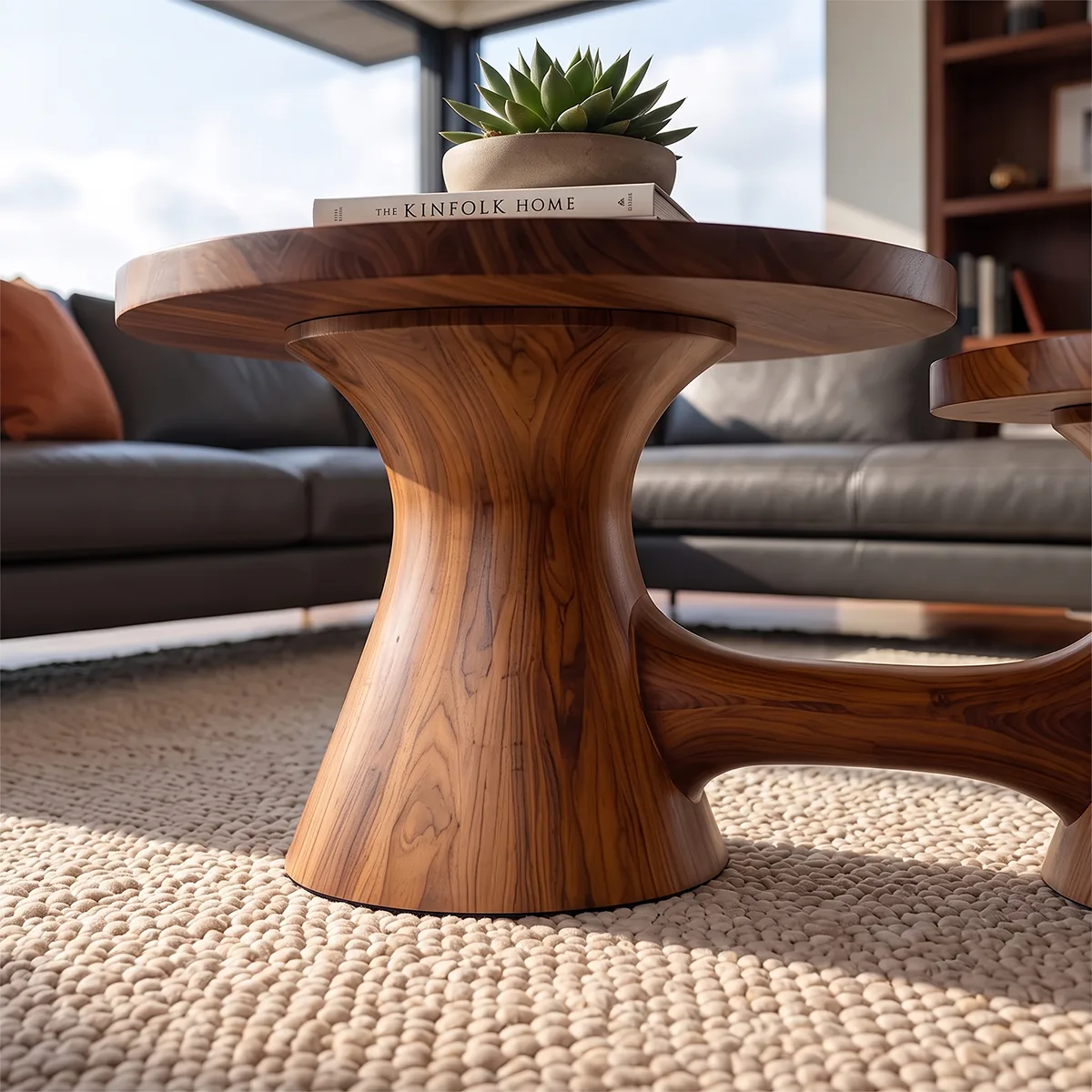 Two-Tier Round Coffee Table with Dual Pedestal Base | Sculptural Modern Living Room Table TH003-5PHH3EC