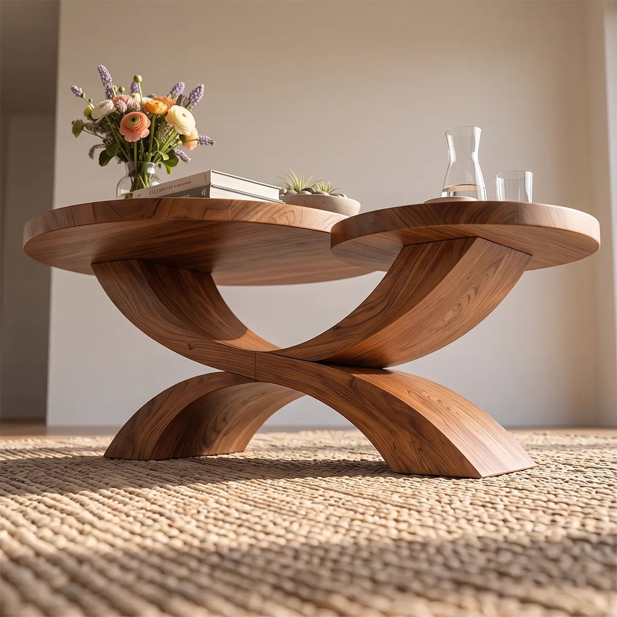Two-Tier Round Coffee Table with Sculptural Crossed Base | Modern Living Room Center Table TH003-1RTB8PD