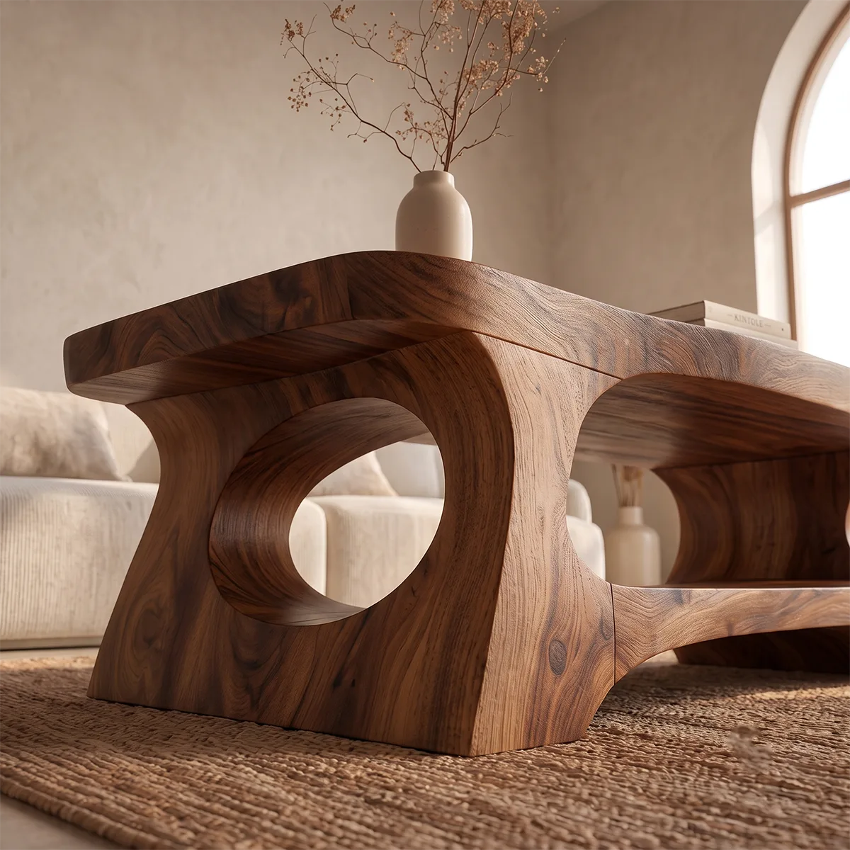 Organic Rectangular Coffee Table with Open Shelf and Sculptural Arch Base TH003-6JFK9PR