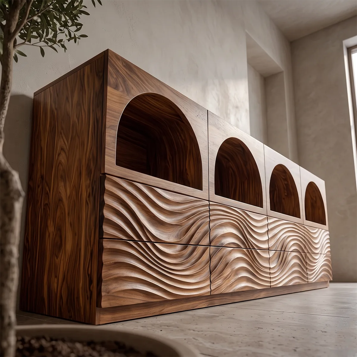 Modern Sideboard Cabinet | Wave Carved Buffet Cabinet with Open Shelves & Drawers TH003-8099