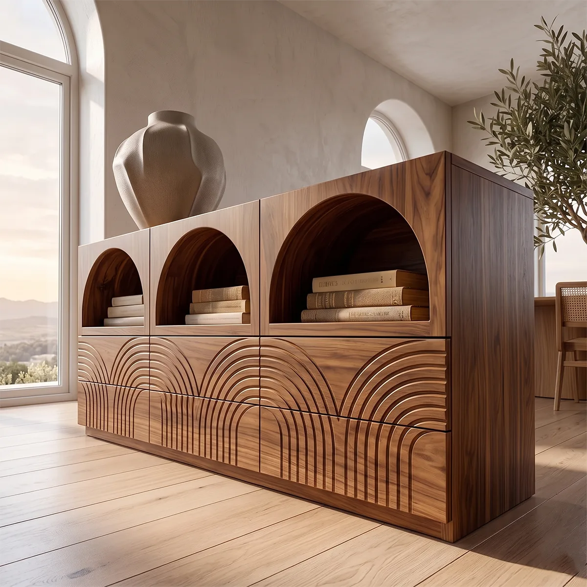Modern Sideboard Cabinet | Arched Display Buffet Cabinet with Geometric Drawer Fronts TH003-4779