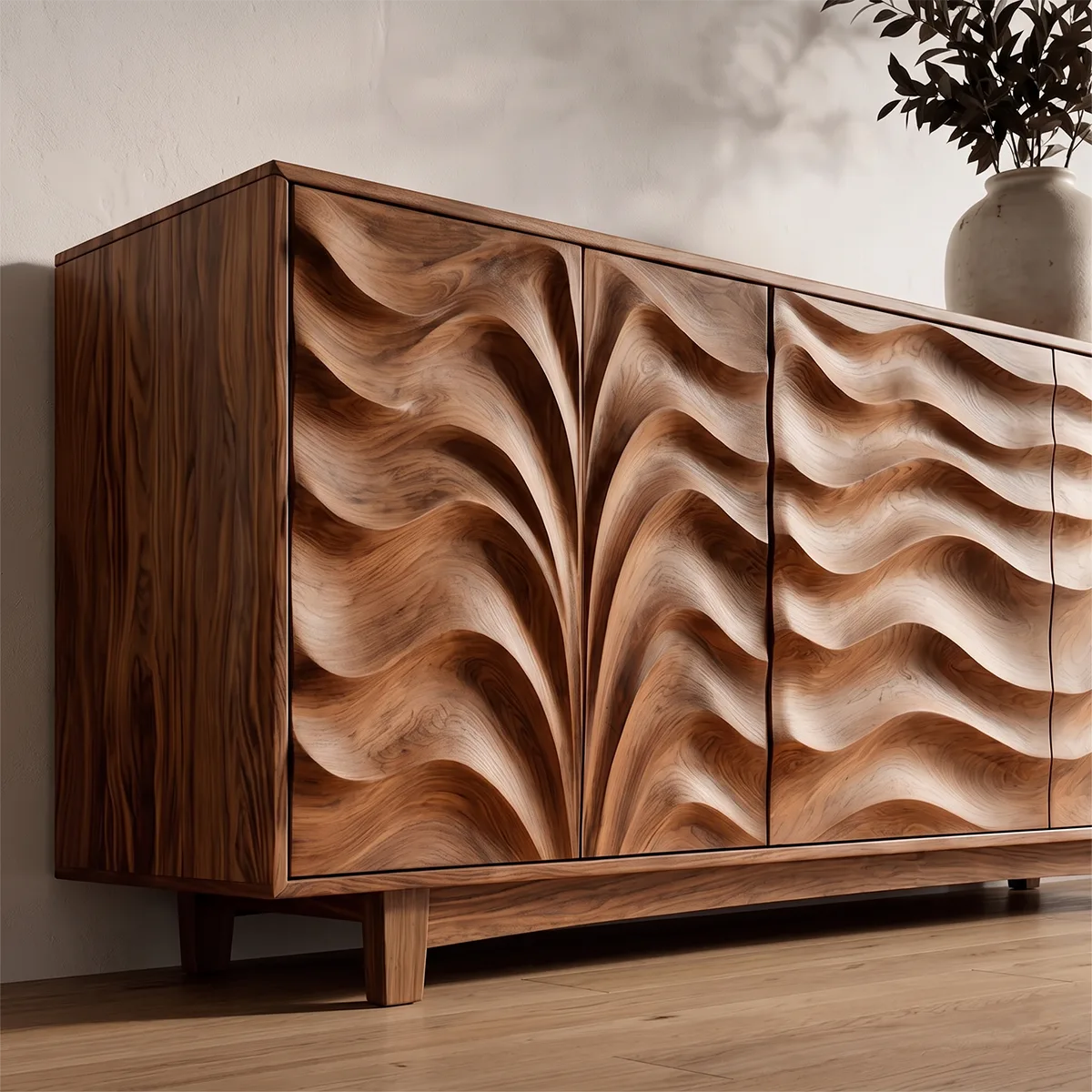 Carved Solid Wood Sideboard | Sculptural Hardwood Buffet Cabinet for Modern Dining Room TH003-5486