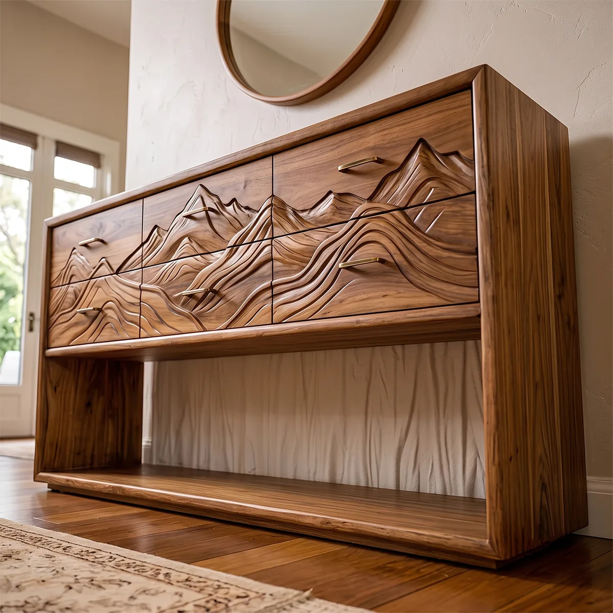 Modern Mountain Carved 6 Drawer Console Table with Open Shelf – Artistic Entryway Storage Cabinet TH003-2149