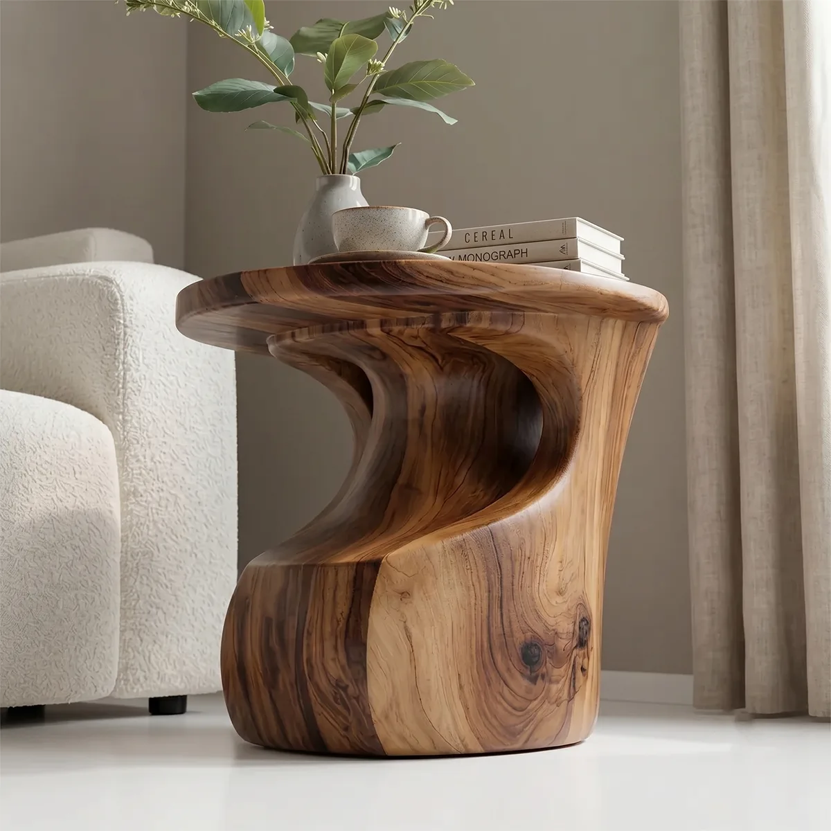 Sculptural Solid Wood Side Table, Round End Table with Curved Pedestal Base TH003-3965