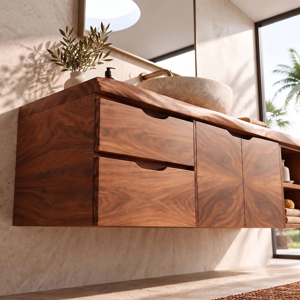 Modern Floating Bathroom Vanity | 2-Drawer Wall Mounted Vanity with Cabinet & Open Storage TH003-2GCX7AC