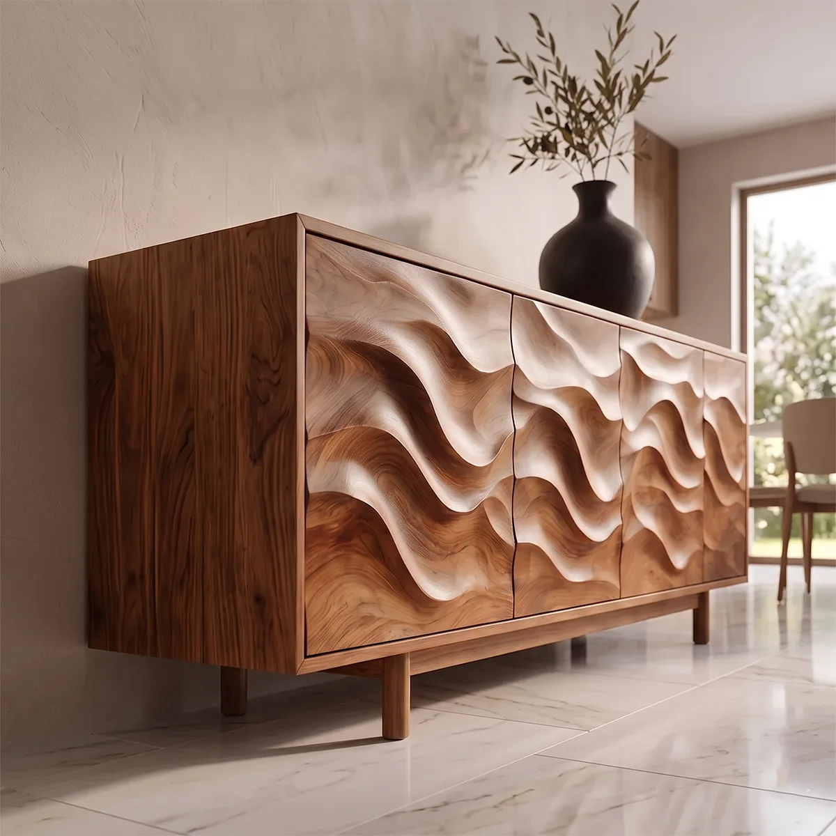 Wave Carved Solid Wood Sideboard | Modern Hardwood Buffet Cabinet for Dining & Living Room TH003-6641