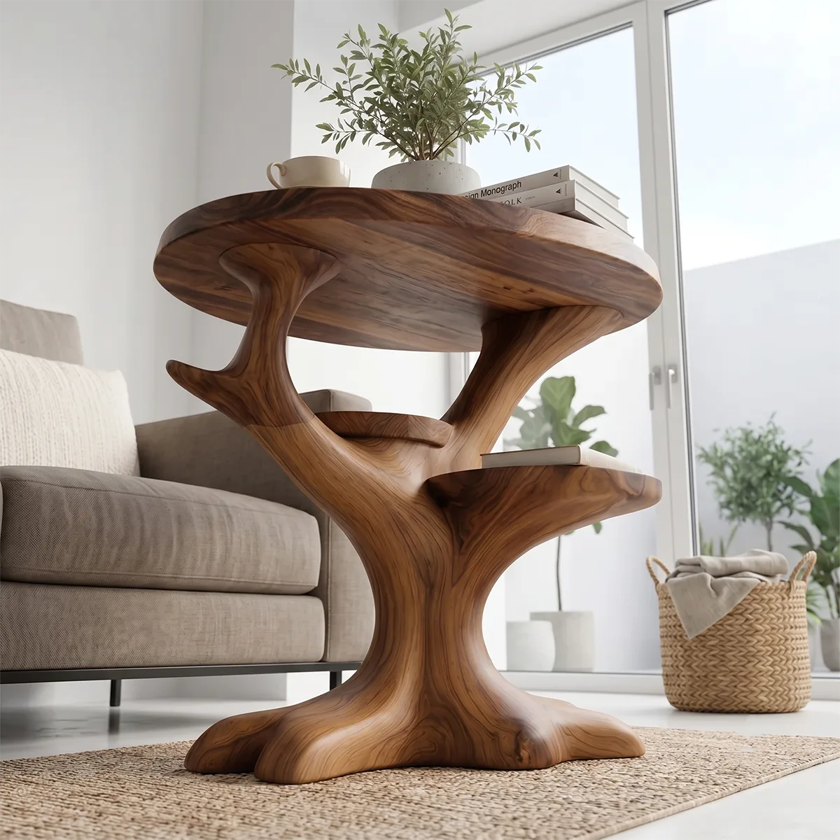 Sculptural Solid Wood Side Table with Shelves, Tree-Inspired End Table, Handcrafted Organic Wood Accent Table TH003-1094