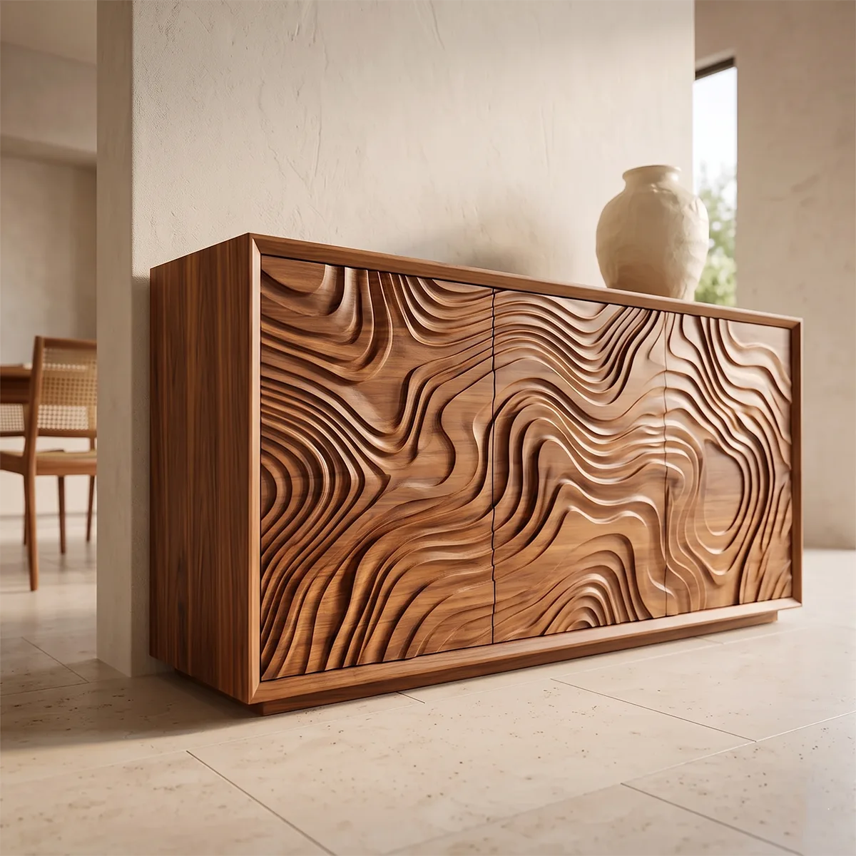 Topographic Carved Solid Wood Sideboard | Organic Modern Buffet Cabinet for Dining & Living Room TH003-1820