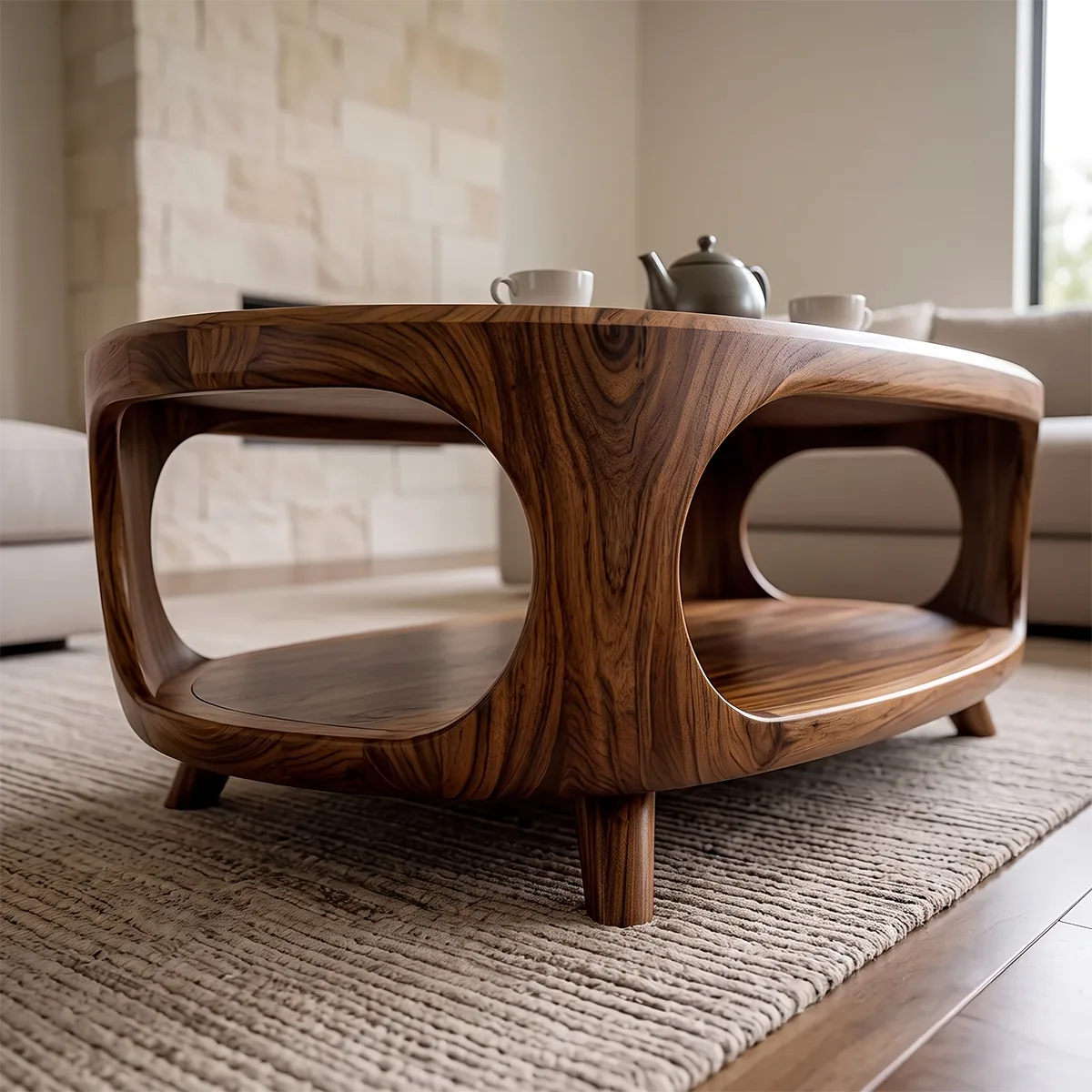Modern Organic Coffee Table with Shelf | Sculptural Solid Wood Oval Coffee Table TH003-7476