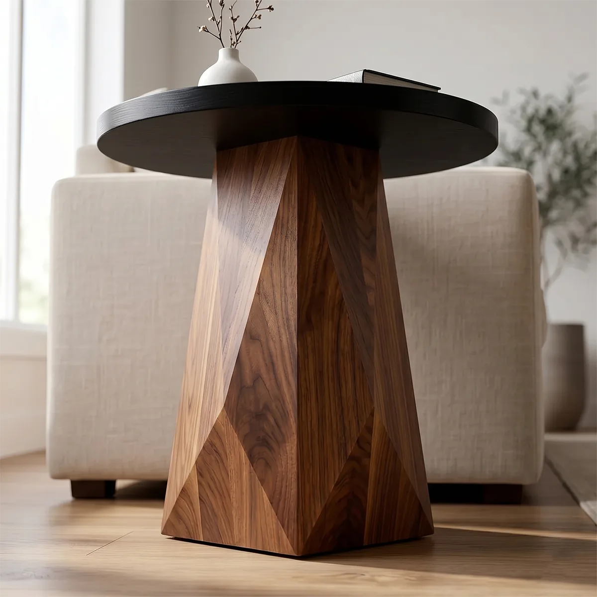 Round Solid Wood End Table | Handcrafted Pedestal Side Table with Black Top for Living Room & Bedroom TH003-3811