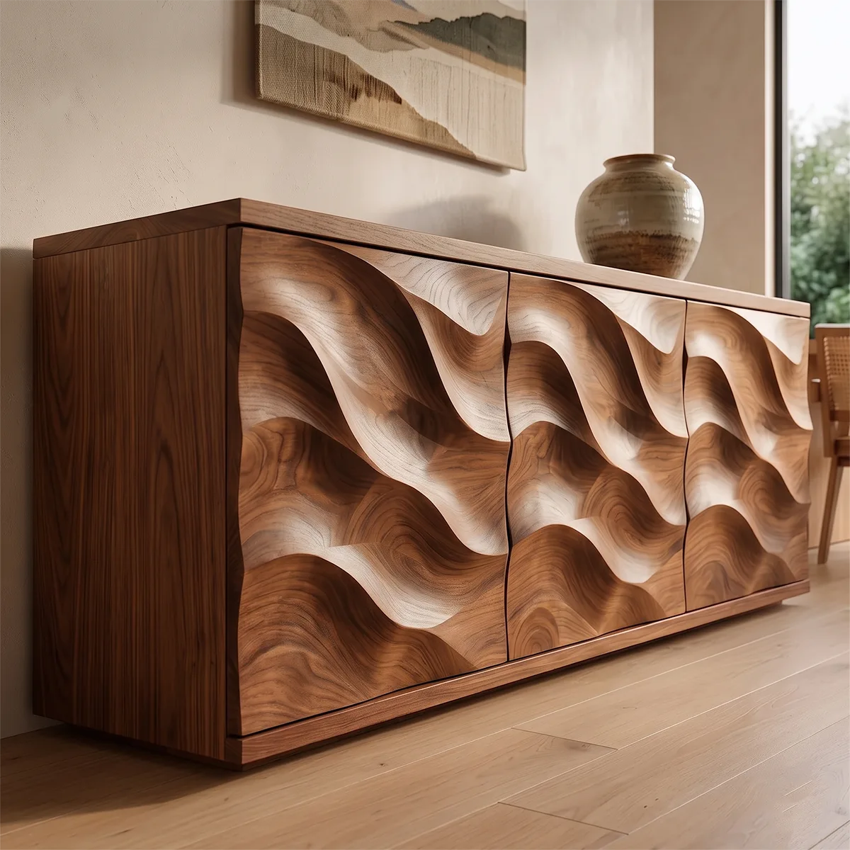 Wave Carved Solid Wood Sideboard | Organic Modern Buffet Cabinet for Dining & Living Room TH003-1993