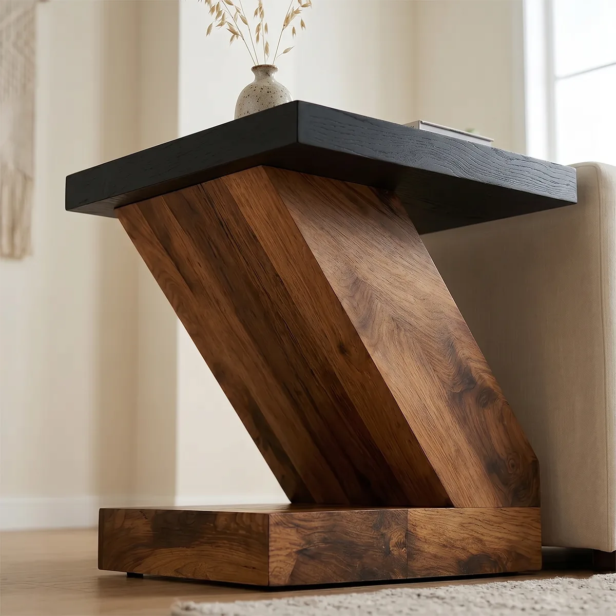 Modern Solid Wood End Table | Geometric Z-Shaped Side Table with Black Top TH003-2206