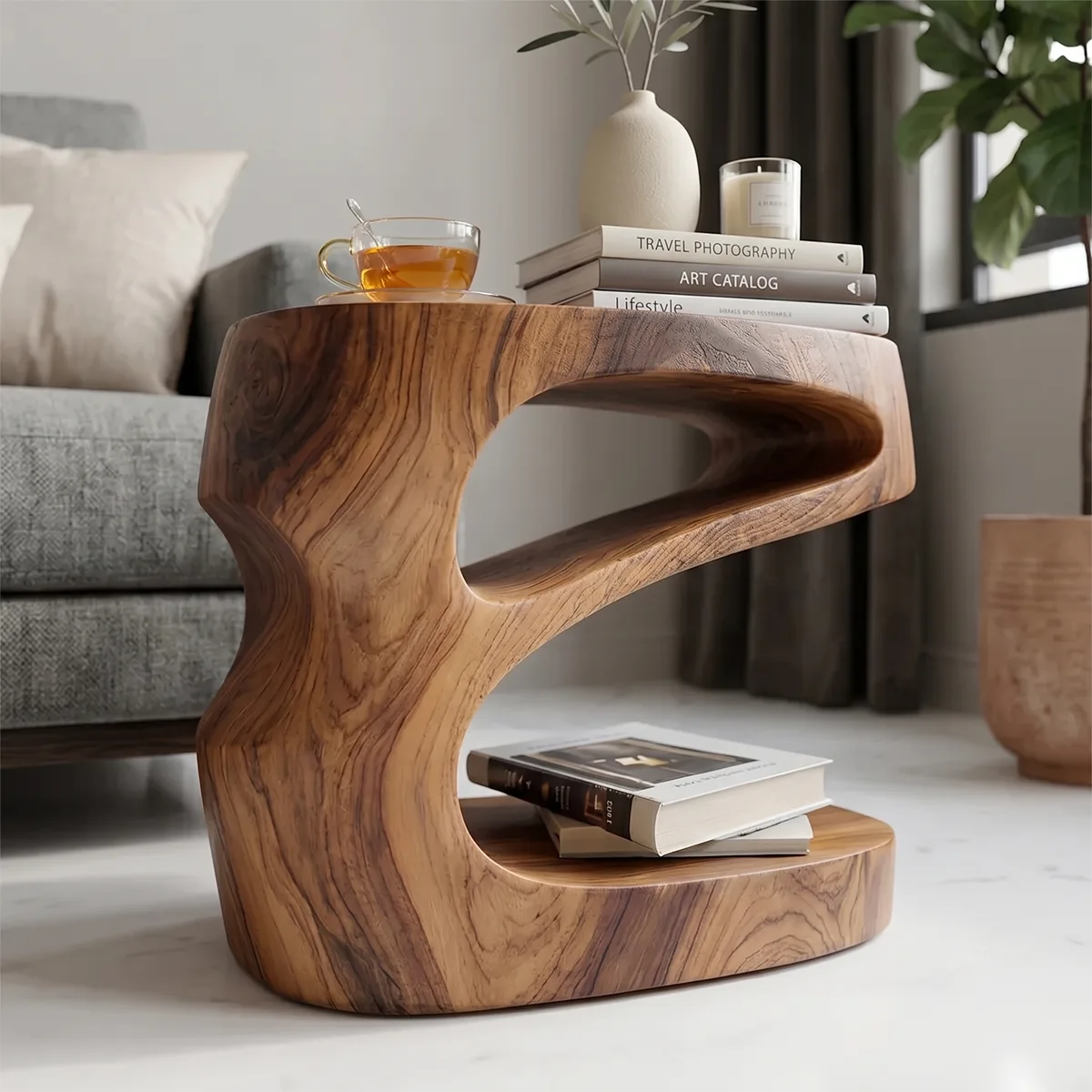 Handcrafted Sculptural Solid Wood Side Table with Storage Shelves TH003-7929
