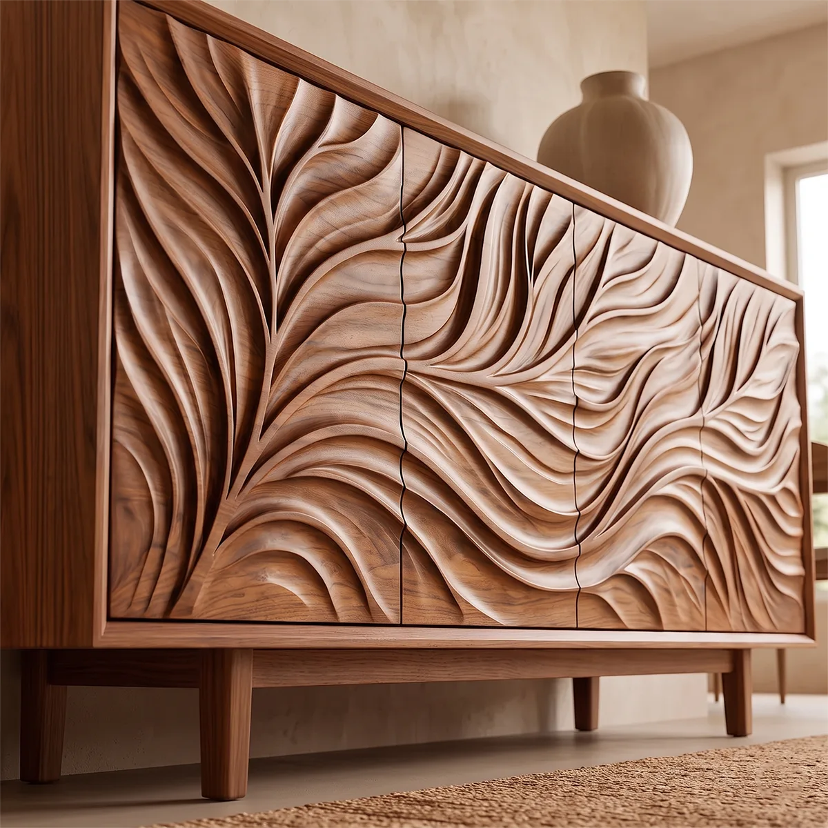 Leaf Carved Solid Wood Sideboard | Organic Modern Buffet Cabinet for Dining & Living Room TH003-7107
