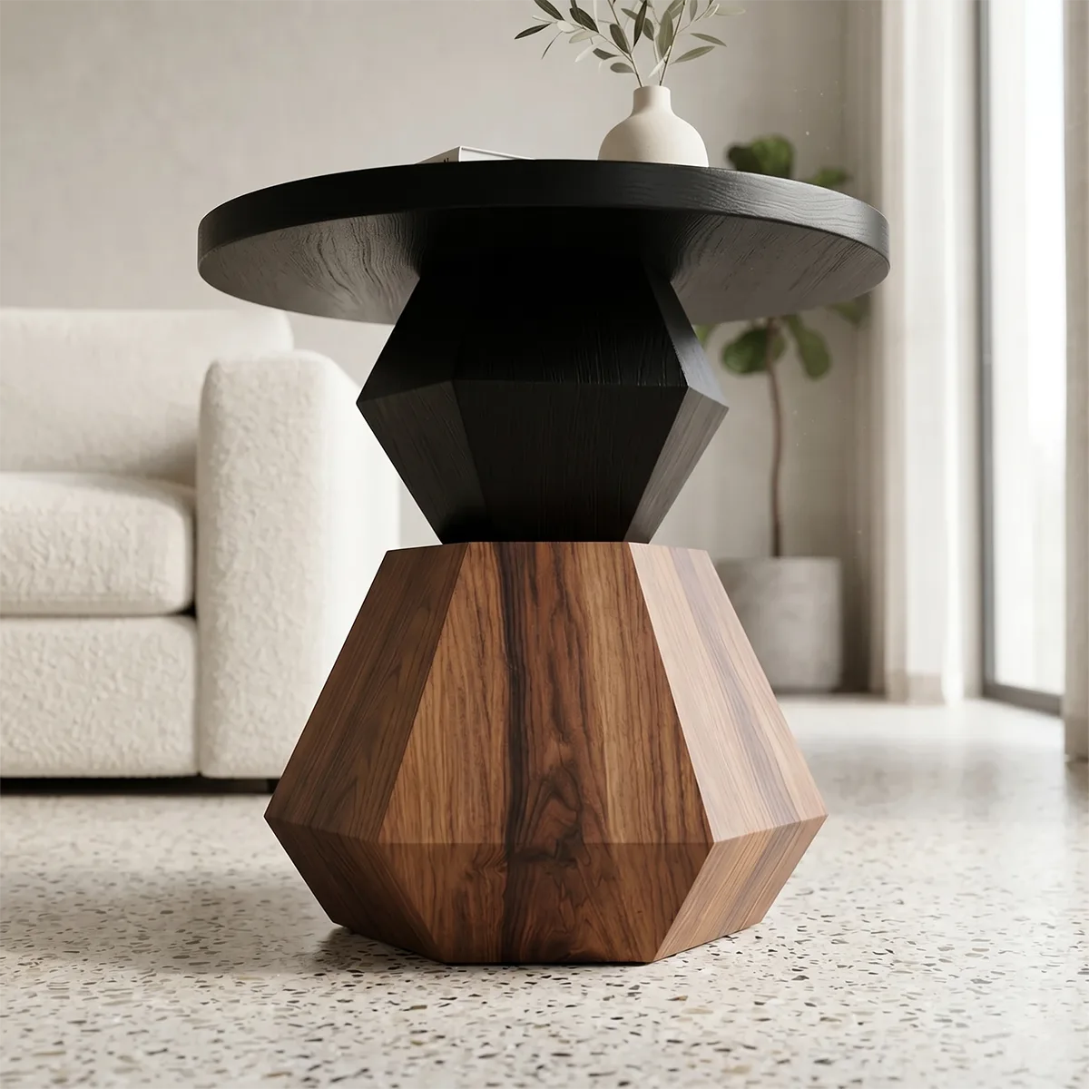 Modern Round Solid Wood End Table | Geometric Pedestal Side Table with Black Top TH003-3706