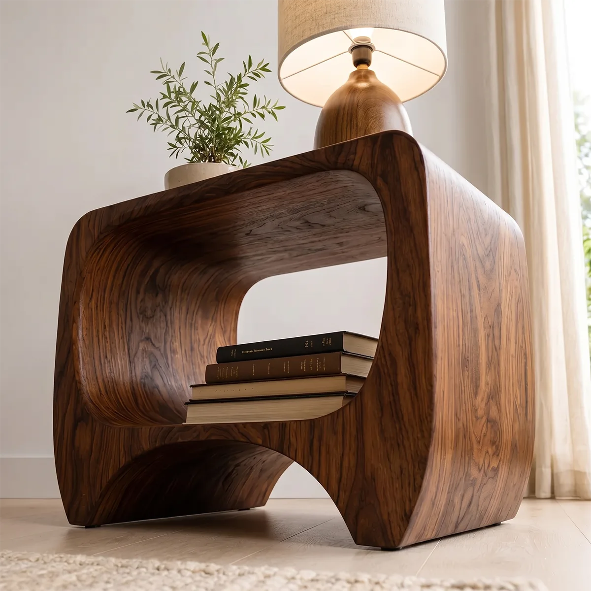 Organic Solid Wood Nightstand with Open Storage Shelf