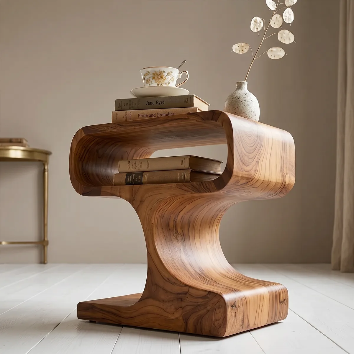 Solid Wood Sculptural Side Table with Storage | Modern End Table TH003-1002