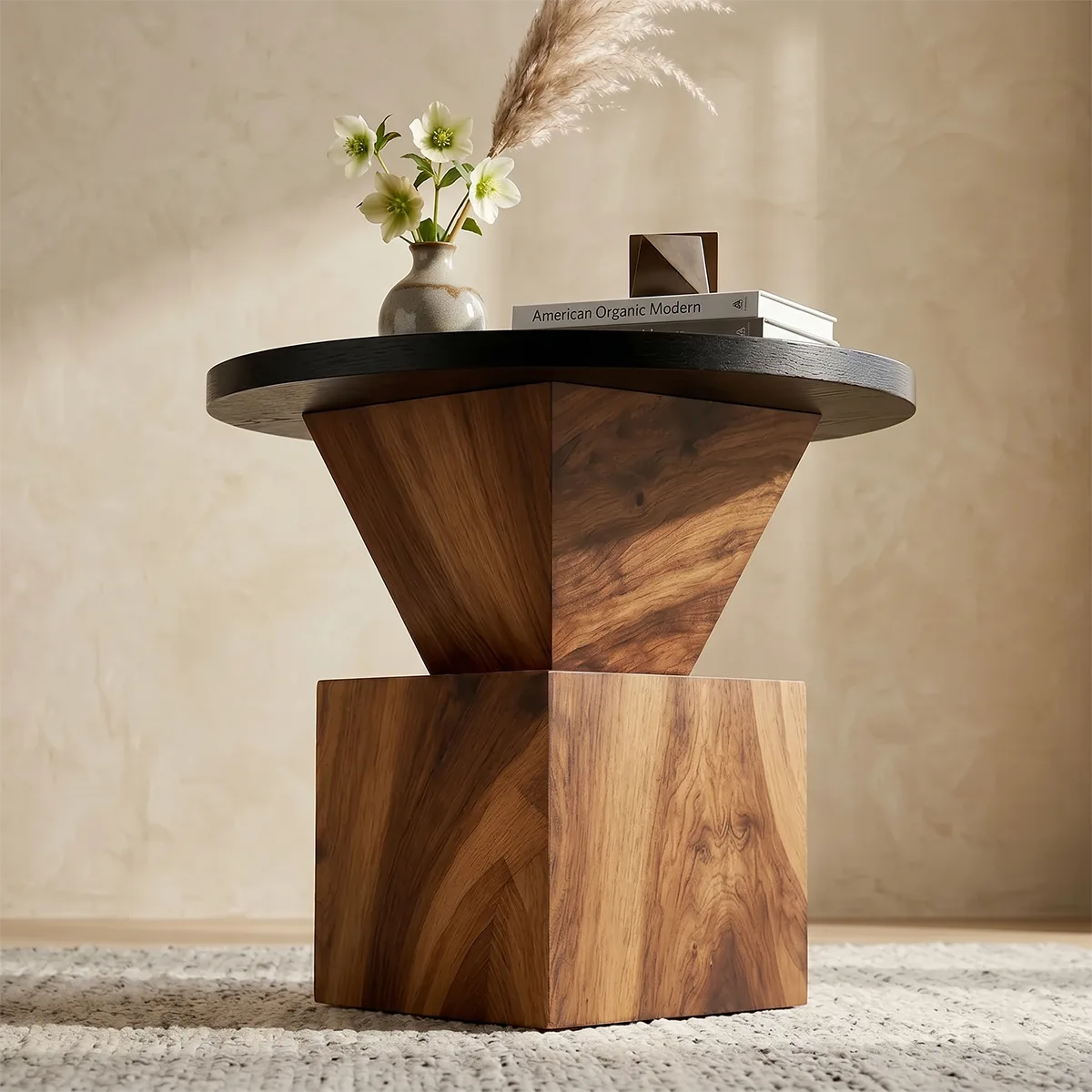Modern Round Solid Wood End Table | Sculptural Pedestal Side Table with Black Top TH003-8718