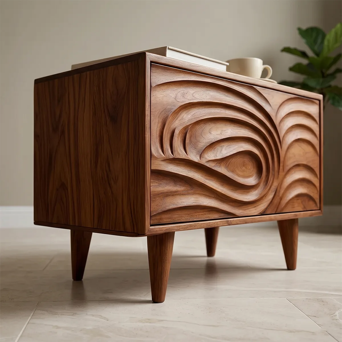 Modern Solid Wood End Table with Storage | Mid Century Nightstand with Carved Drawer TH003-2138