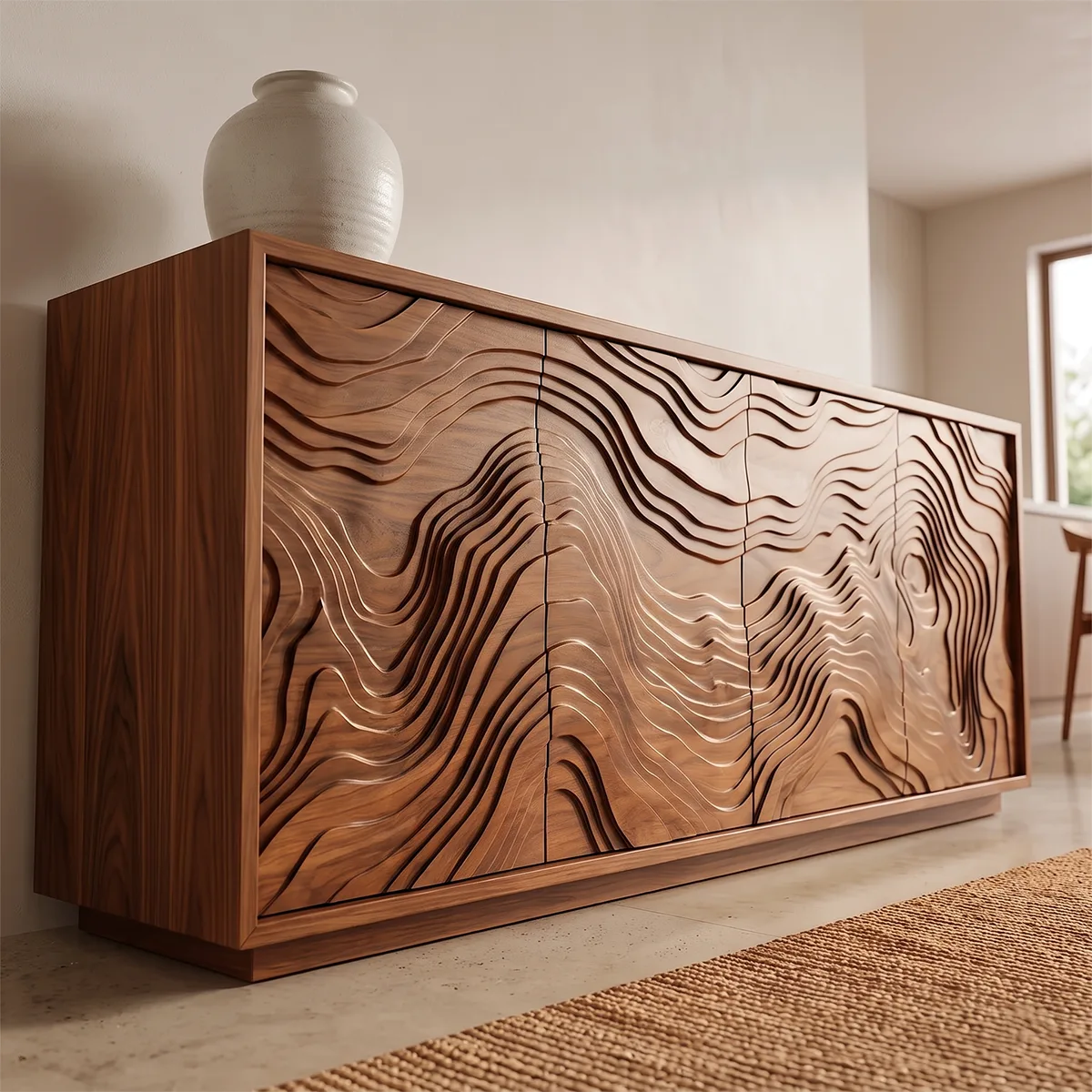 Topographic Carved Solid Wood Sideboard | Organic Modern Buffet Cabinet for Dining & Living Room TH003-9201