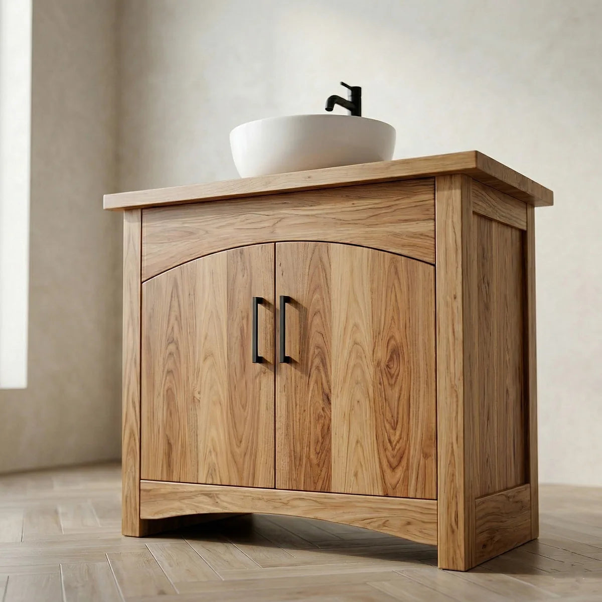 Modern Solid Wood Bathroom Vanity Cabinet with Curved Double Doors