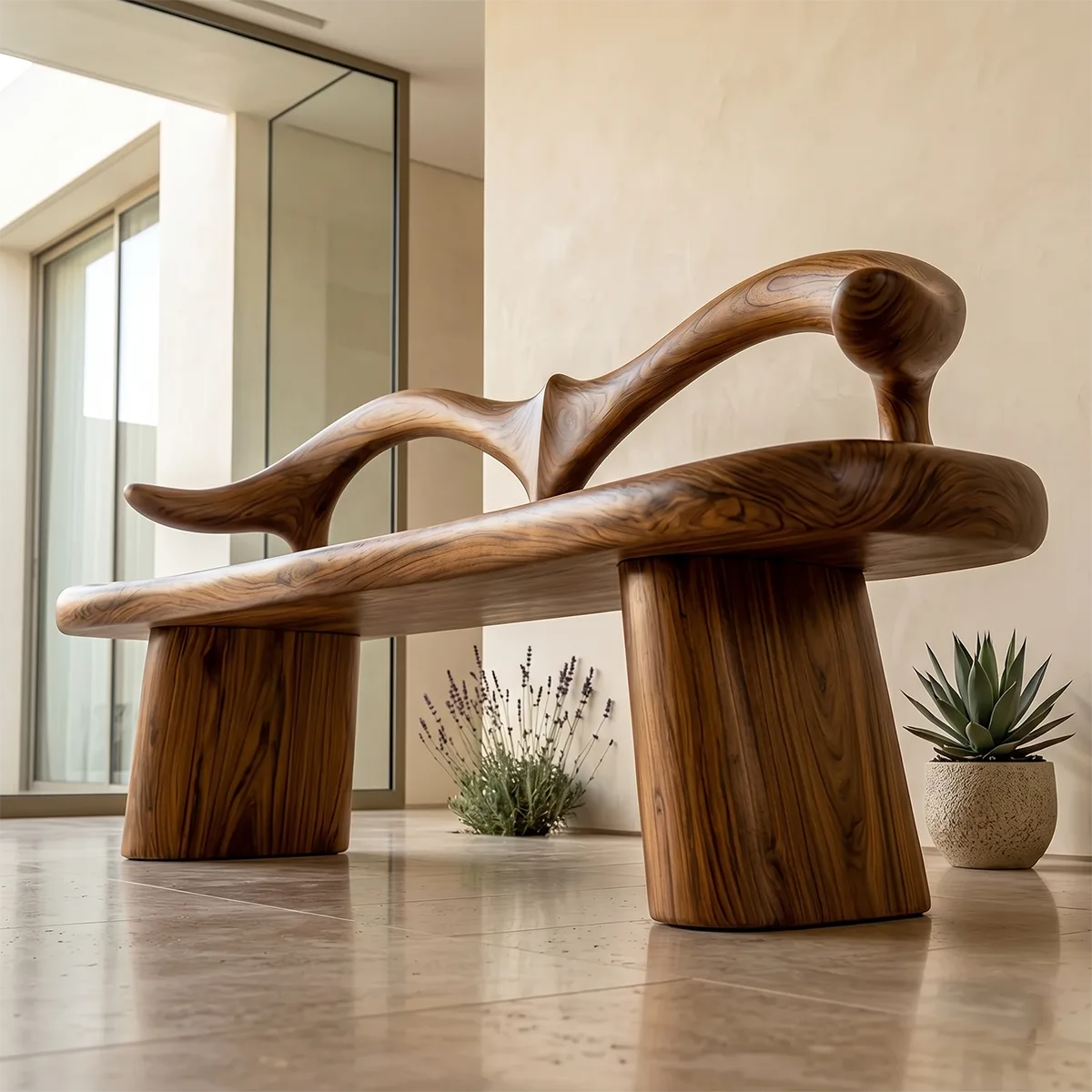 Organic Wave Back Garden Bench, Sculptural Wooden Outdoor Seating TH003-2770