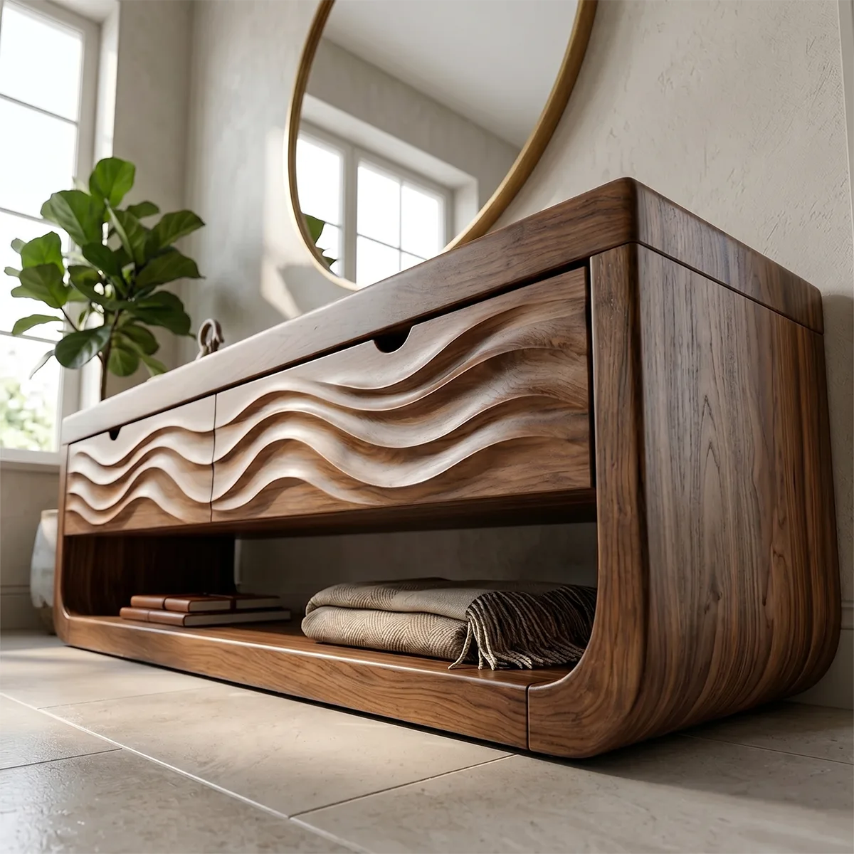 Contemporary Console Bench with Sculpted Wave Drawer Fronts TH003-7011